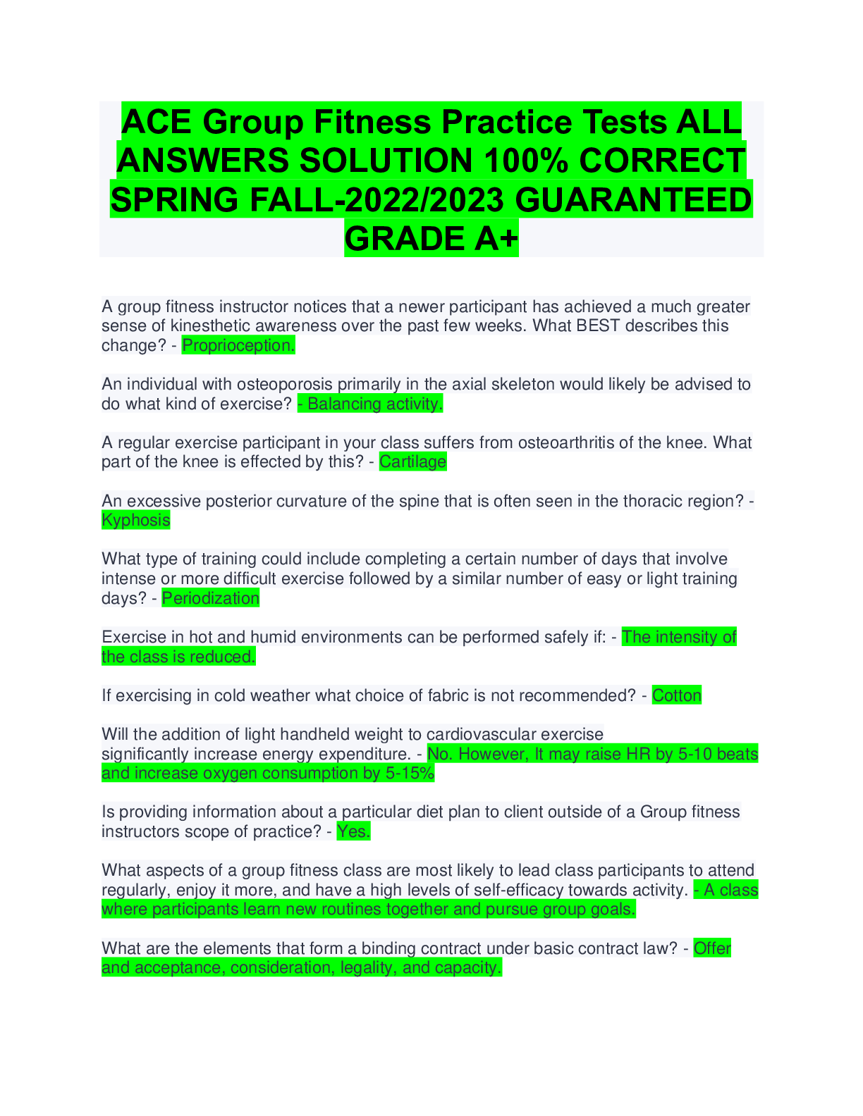 ACE Group Fitness Practice Tests ALL ANSWERS SOLUTION 100% CORRECT ...